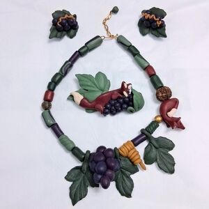 Vintage Vineyard Fox Artisan Clay Jewelry Suite Necklace Earrings Brooch Signed